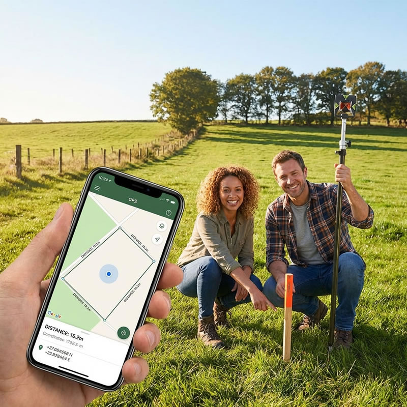 Homeowner walking their property boundary using a smartphone GPS app and a BoundaryFinder report