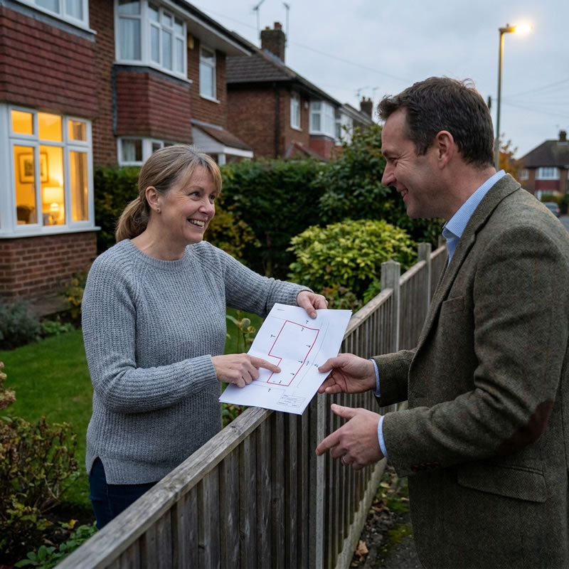 Homeowner reviewing a fence line and comparing it to their property boundary on a BoundaryFinder GPS report