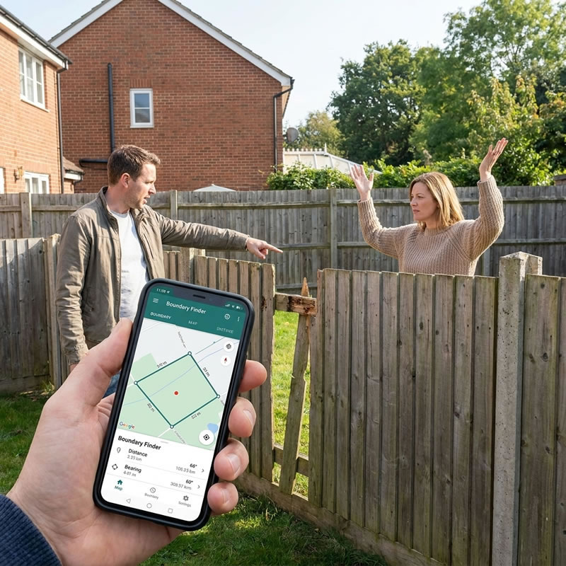 BoundaryFinder GPS Boundary Report showing property boundary coordinates on a phone screen