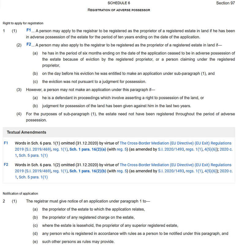 Diagram showing the adverse possession timeline under the Land Registration Act 2002 — 10 years continuous occupation, Form ADV1 application to HMLR, Form NAP notice to registered owner, 65 working days to object