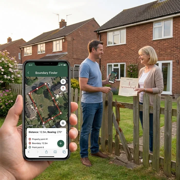 Smartphone showing property boundary map with GPS distances between every corner — the first step to find which fence is mine