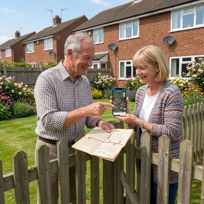 Couple reviewing a historical HMLR Transfer document together to check fence ownership covenants