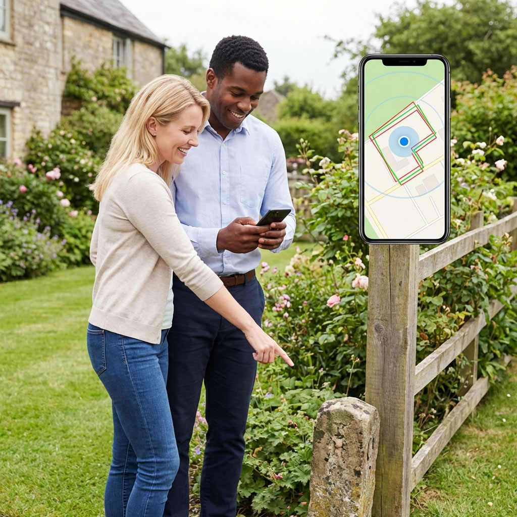 Person conducting a physical boundary inspection in a garden, noting old fence posts and features with title plan in hand
