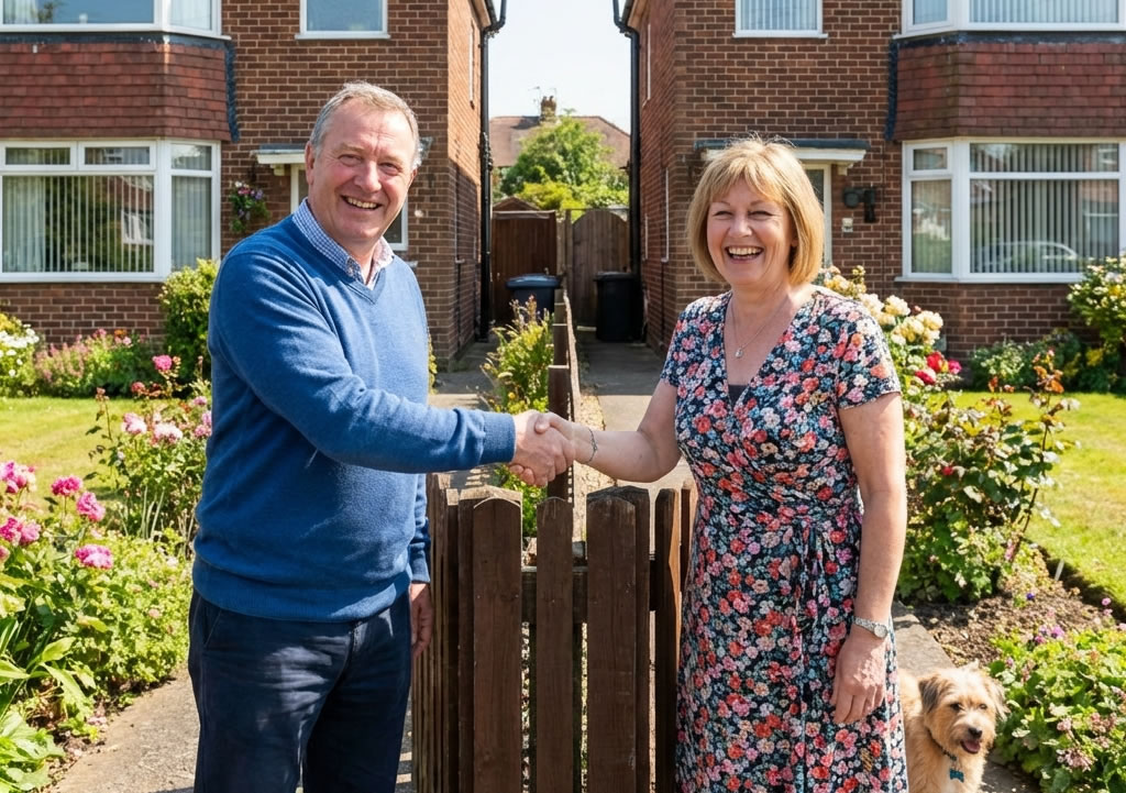 Two neighbours having a calm discussion over a garden fence representing boundary dispute resolution