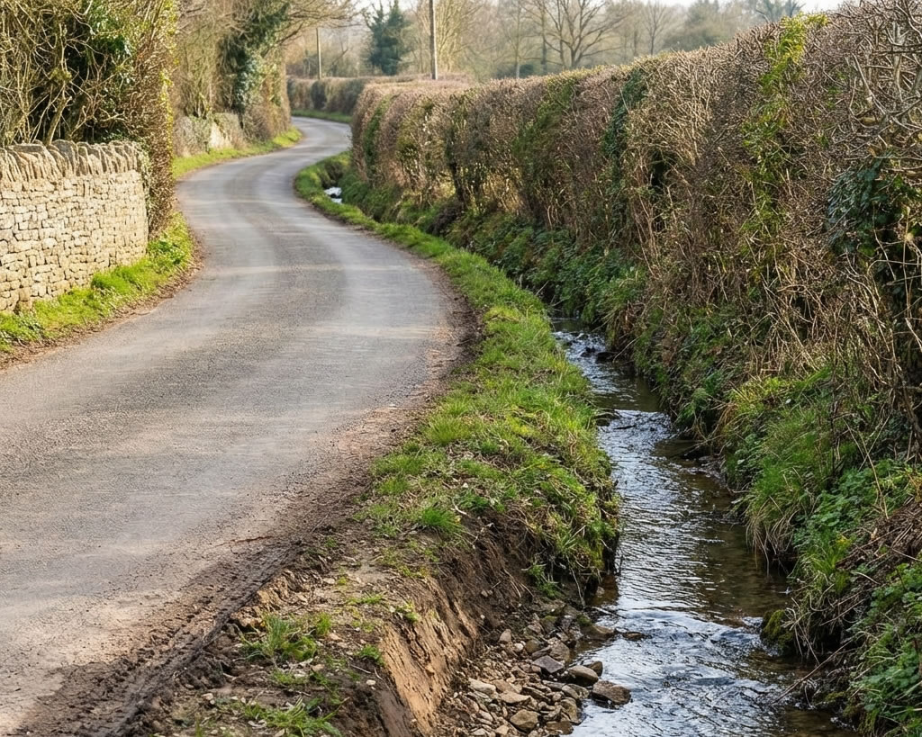 Illustration of common law boundary presumptions including hedge and ditch, road centre line, and party wall centre