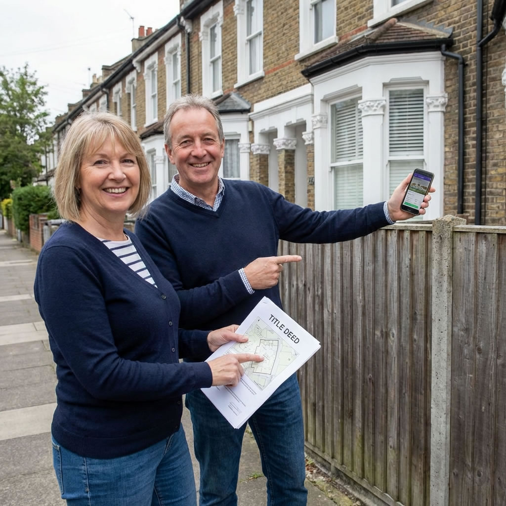 Two neighbours reviewing title plan documents together to resolve a boundary dispute