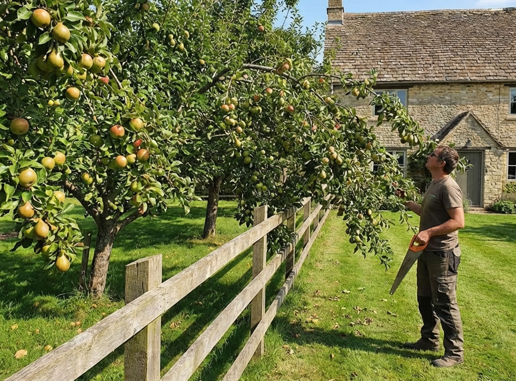Row of trees planted along a property boundary with trunks visible on one side and branches overhanging the neighbouring garden
