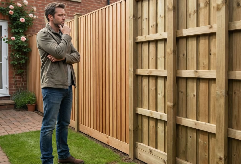 Closeboard fence showing arris rails and posts on the owner's side with smooth vertical boards facing the neighbour