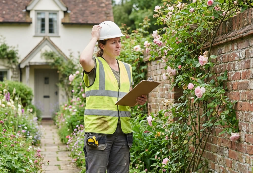 Garden brick wall with the smooth outer face facing a neighbouring garden and the rough or inner face within the owner's boundary