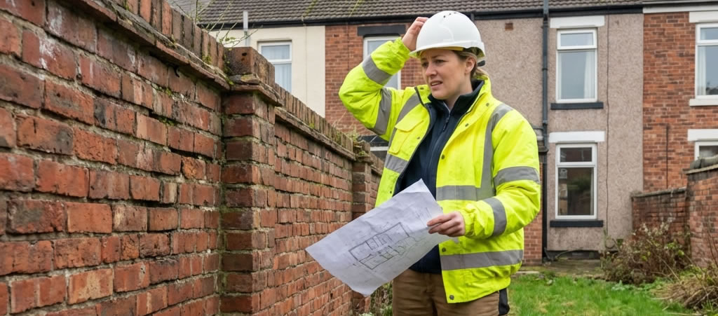 Brick party fence wall sitting astride the boundary between two terraced properties with each owner's garden on either side