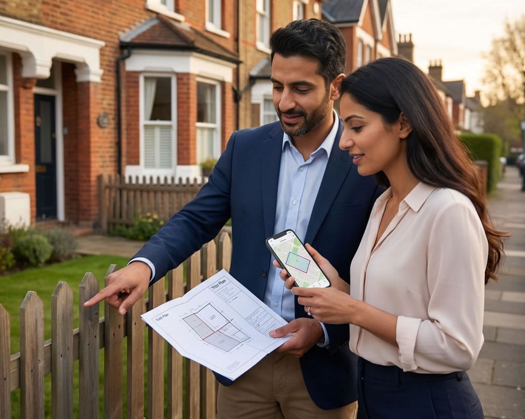 Person holding title documents next to a garden fence, checking boundary ownership details