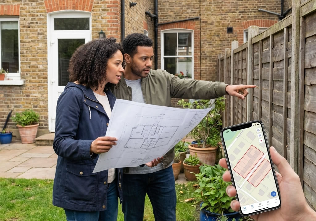 Section of garden fence between two properties representing a party boundary with no T-marks