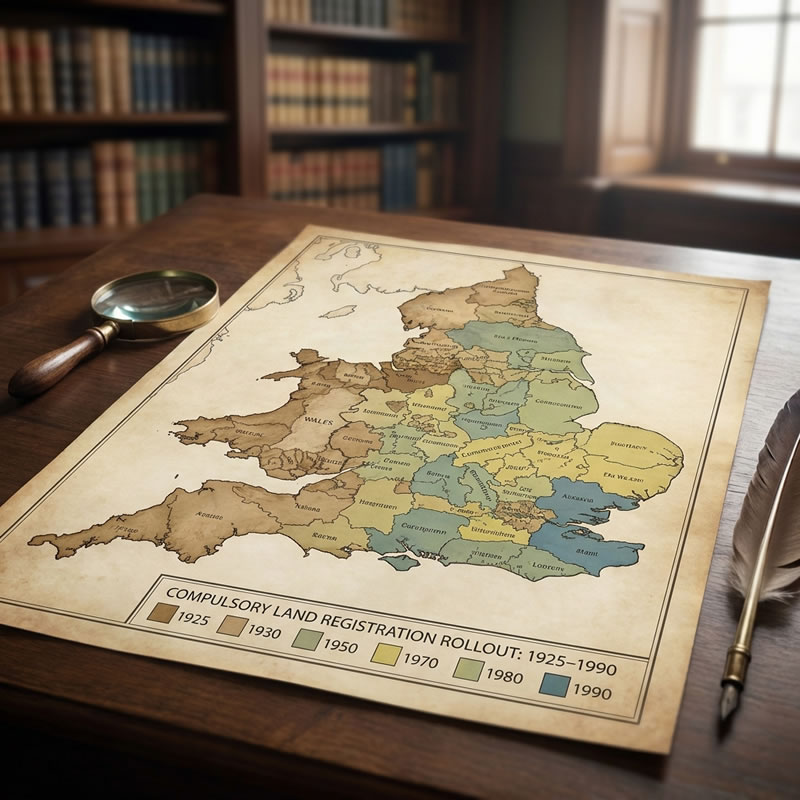 Map of England and Wales showing the phased rollout of compulsory land registration 1925–1990 — the period during which the T-mark fence ownership problem became entrenched across millions of properties
