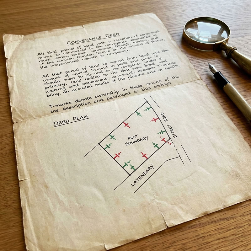 1960s conveyance deed with handwritten boundary descriptions and T-mark fence ownership obligations — the original document where T-marks were recorded before the T-mark fence problem began