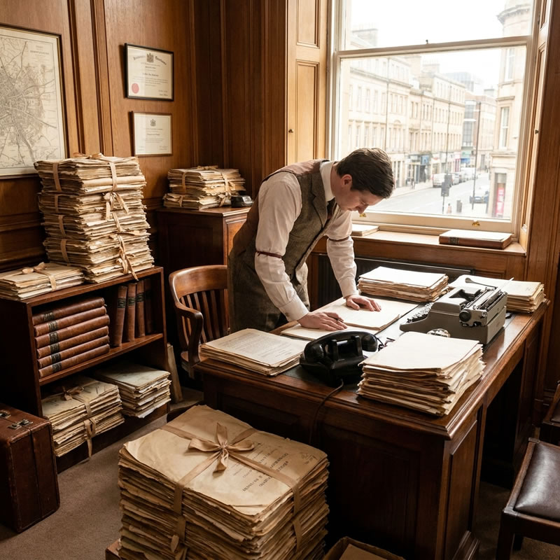 1970s solicitor’s office with stacks of conveyance deed bundles — T-marks were left in these paper files and never transferred to the register, creating the T-mark fence ownership problem at scale