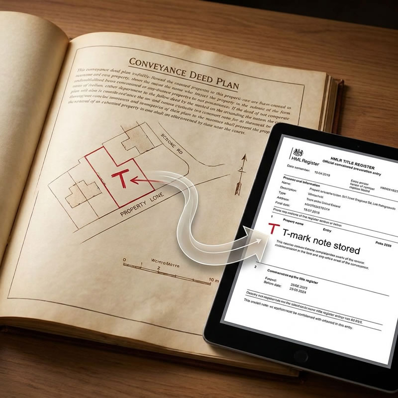Diagram showing how a T-mark was designed to flow from conveyance deed into the HMLR title register — the T-mark fence problem occurred when solicitors routinely skipped this step