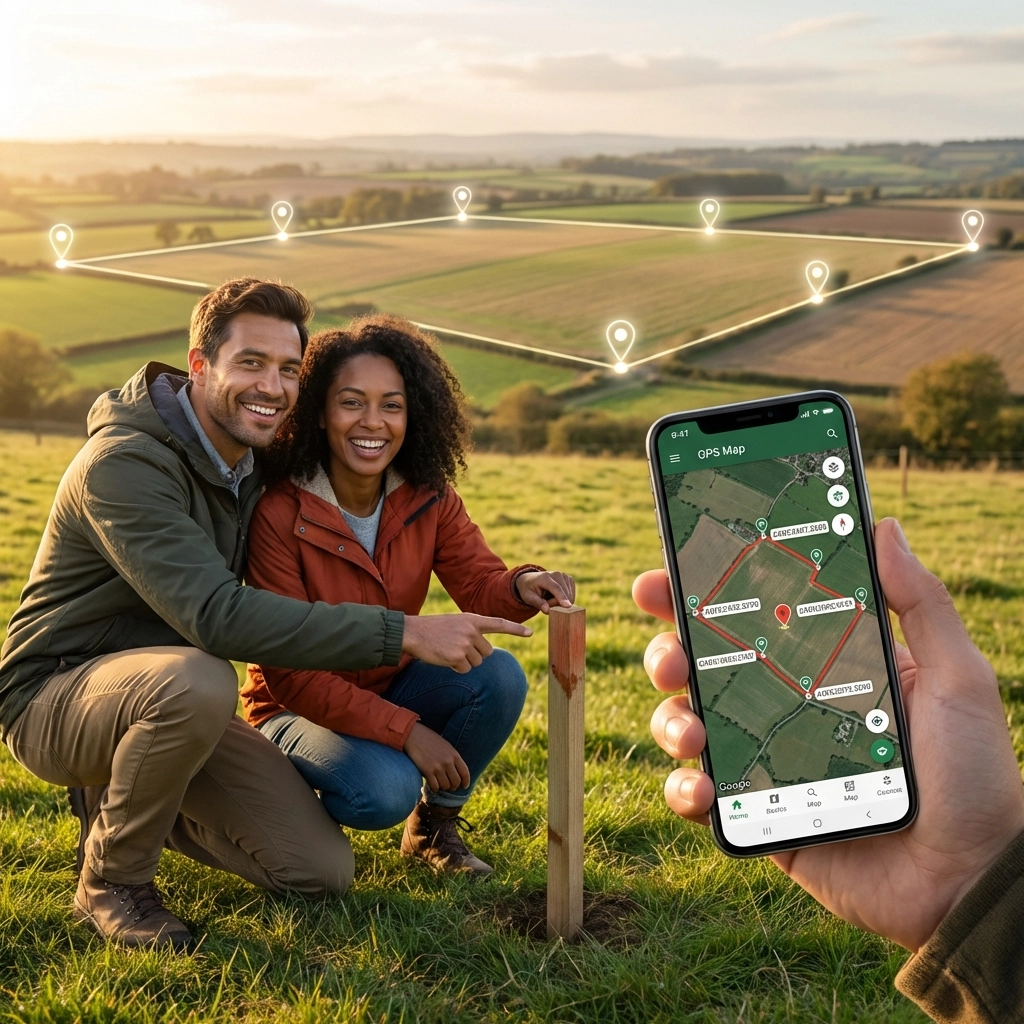 Couple walking property boundary with phone showing GPS coordinates