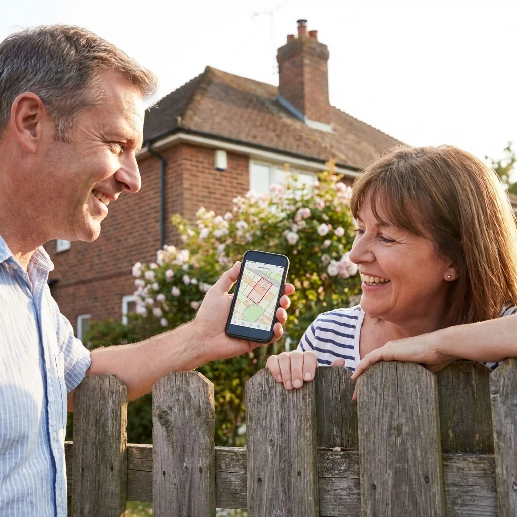 Person checking fence boundary line on smartphone