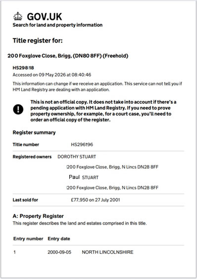 Sample HMLR Title Register showing registered owner details and property description