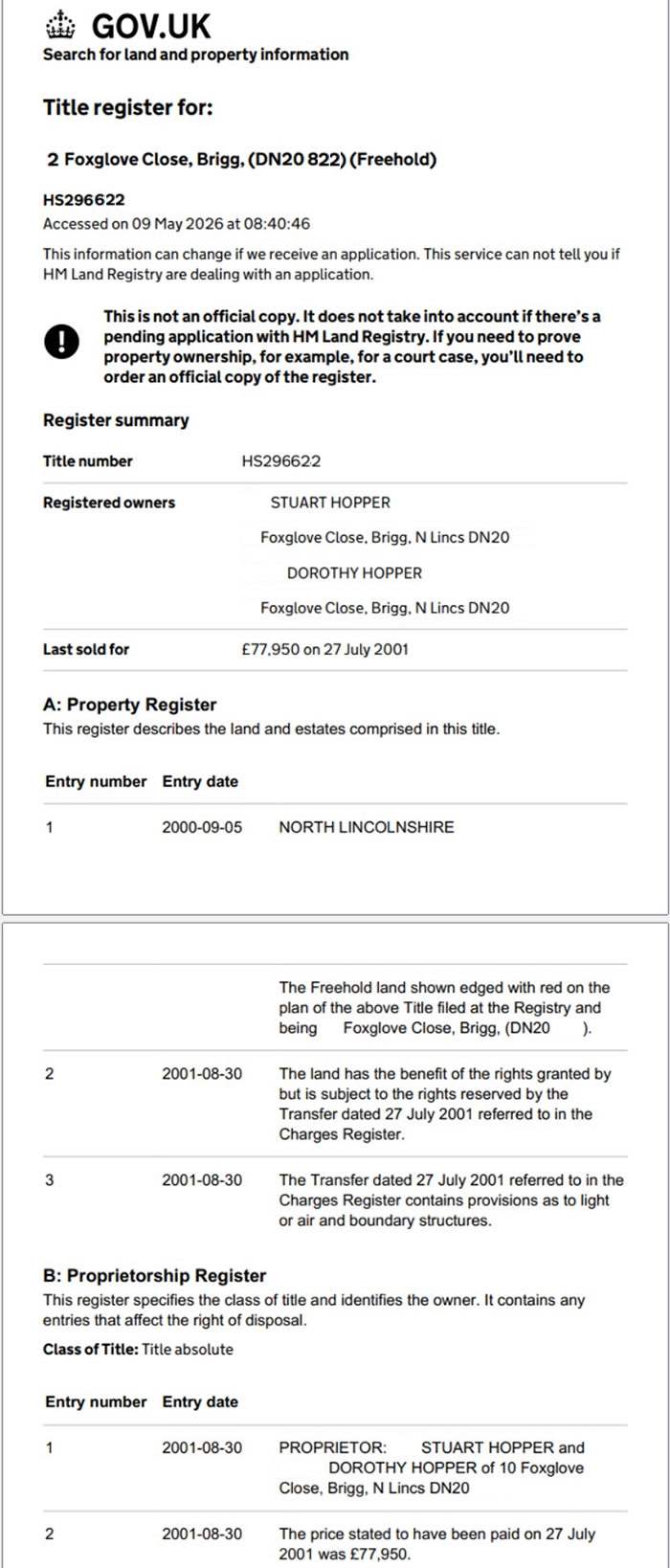 Sample HMLR Title Register