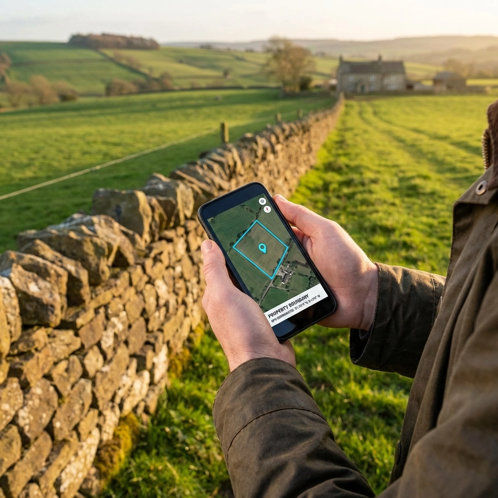 Person holding smartphone showing boundary lines near a fence