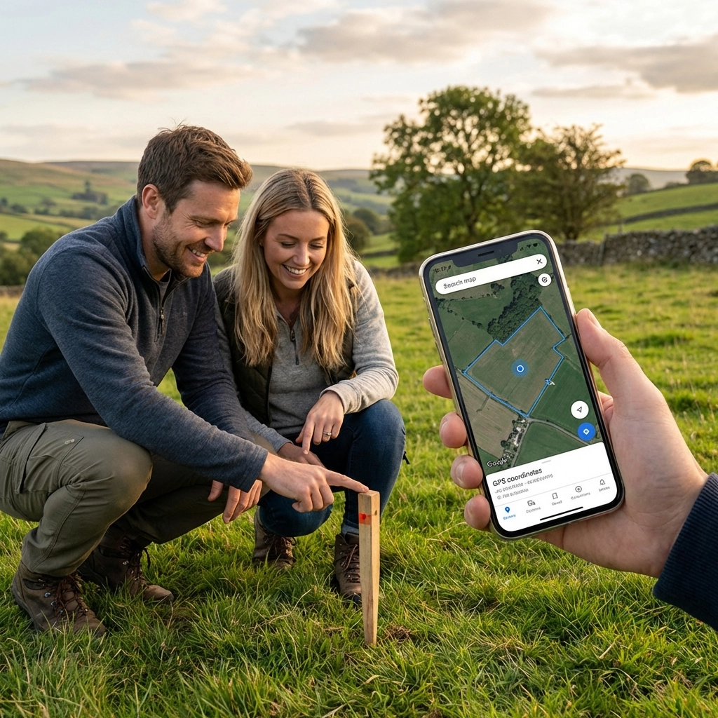 Two people standing at a garden boundary discussing the position of a fence line, reviewing a title plan document