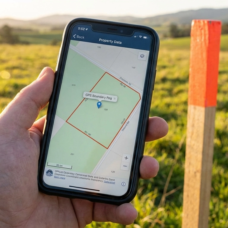 Person using a phone to view a boundary map on BoundaryFinder, standing near a garden boundary