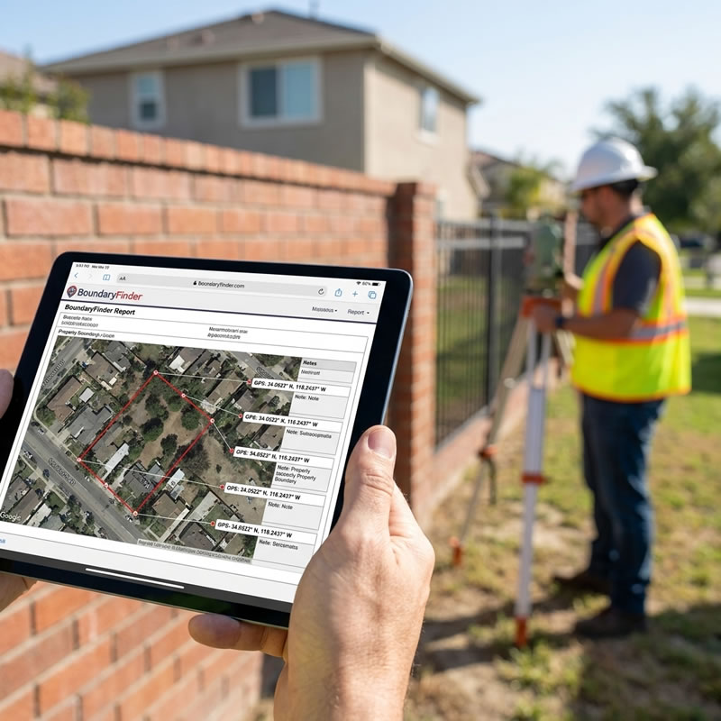 BoundaryFinder GPS boundary report showing precise property boundary coordinates overlaid on satellite imagery — useful alongside party wall surveyor advice