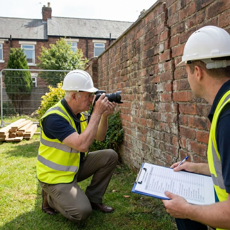 Condition schedule photographs showing pre-existing cracks and defects in adjoining property walls before construction begins