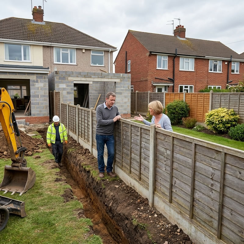 Foundation trench excavated close to a boundary fence during a rear extension — excavation within 3 metres of a neighbour's foundations triggers the Party Wall Act