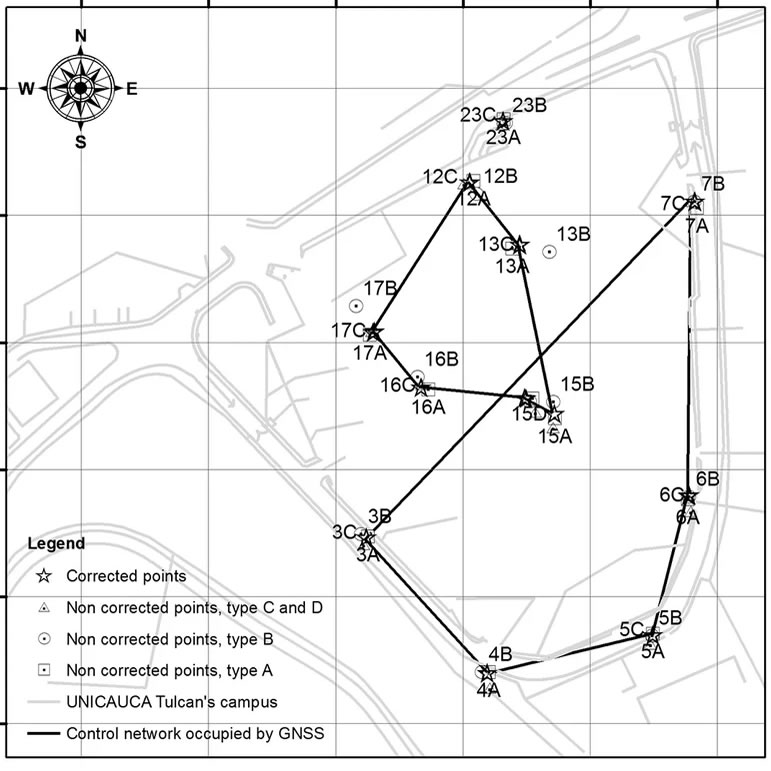 Corrected PPK GPS boundary points displayed in QGIS — the output of RINEX post-processing shown as a layer on an OS map background
