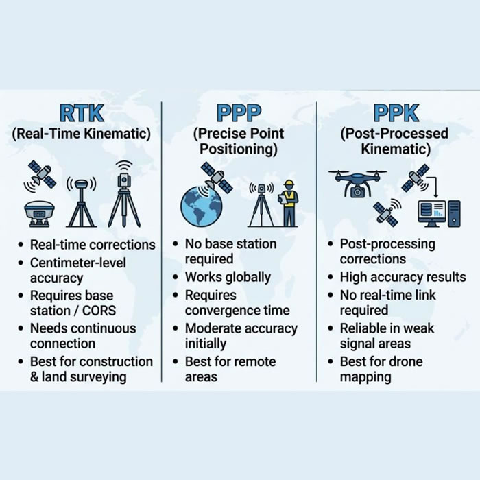 Diagram comparing RTCM real-time corrections via NTRIP against RINEX post-processing (PPK) — showing when each approach is best for UK boundary surveys