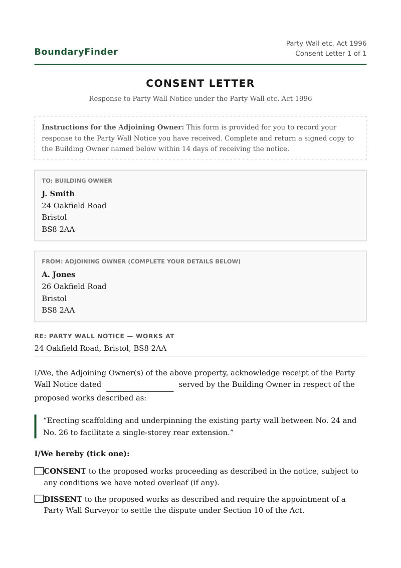 Sample Party Wall Consent Letter PDF for the adjoining owner to sign, generated by BoundaryFinder