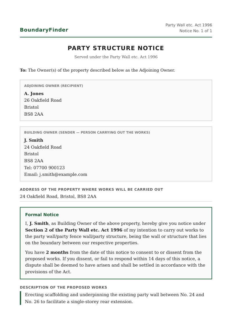 Sample Party Wall Notice PDF generated by BoundaryFinder under the Party Wall etc. Act 1996