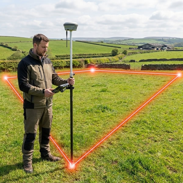 RTK GNSS rover receiver in the field receiving NTRIP corrections from OS Net for centimetre-accurate boundary positioning