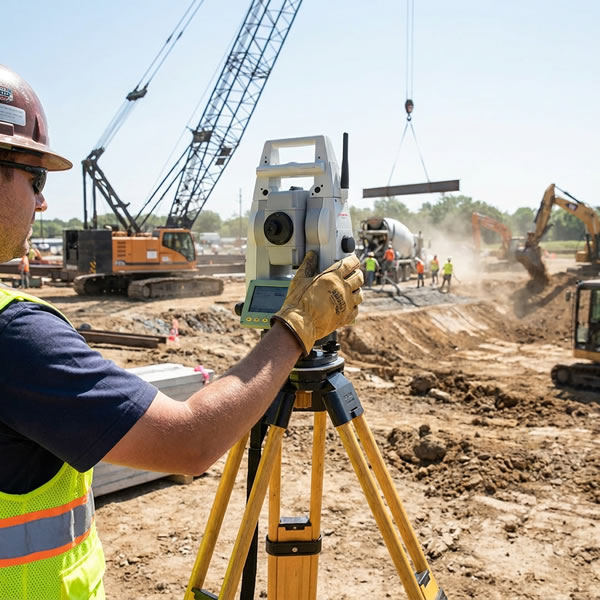 Theodolite on tripod used for triangulation surveying, measuring horizontal and vertical angles to trig stations