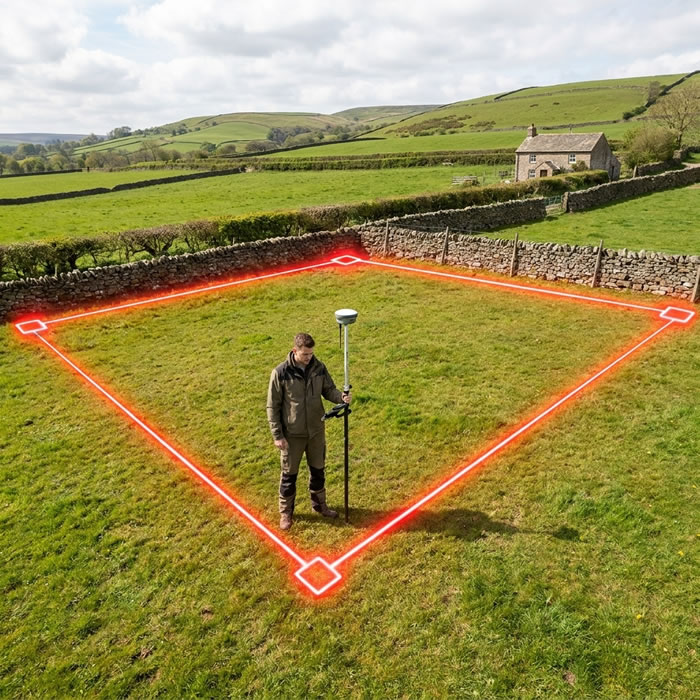 RICS surveyor walking a property boundary in the field with a handheld GPS device