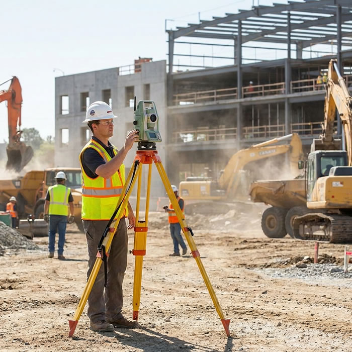 Independent UK surveyor using a low-cost GNSS rover in a field boundary survey — the target user for BoundaryFinder's general boundary data shortcut