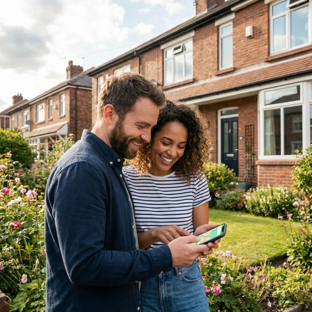 Couple viewing Official Copy of Title Register and Title Plan on smartphone with boundary map