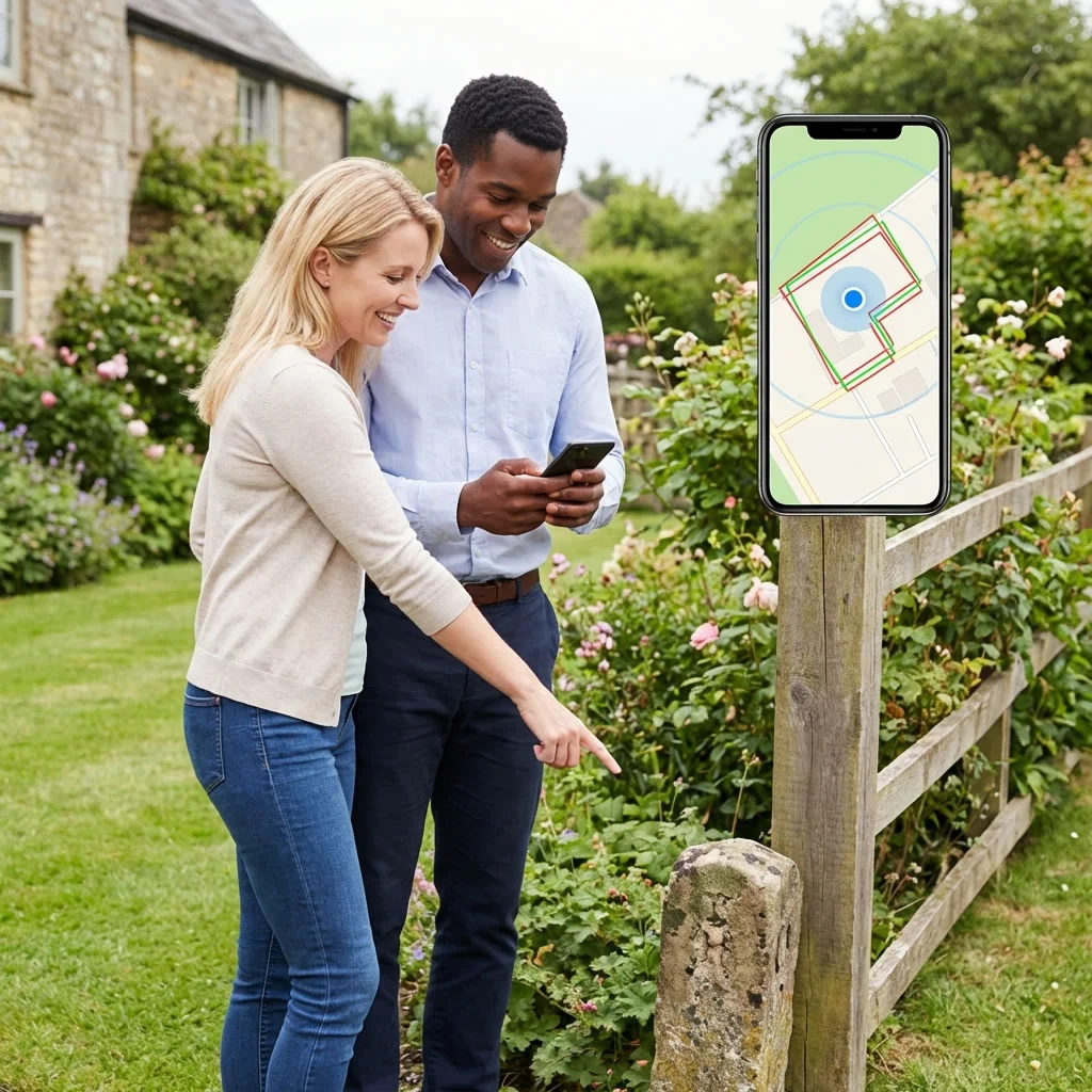 Person using phone GPS to walk property boundaries in a garden